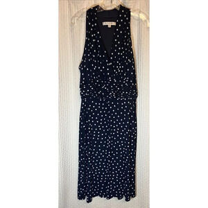 Evan Picone Dress Women's 16 Navy Blue Polka Dot Sleeveless Ruched Waist AB11